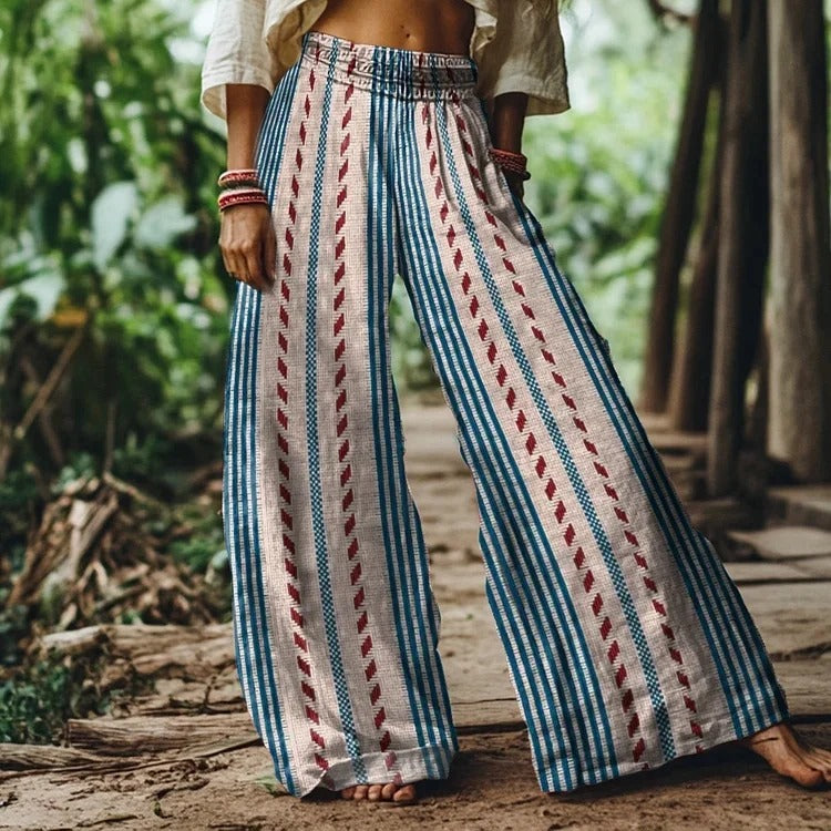 Lunivibe Vintage Bohemian Striped Art Women's Linen Blend Casual Pants
