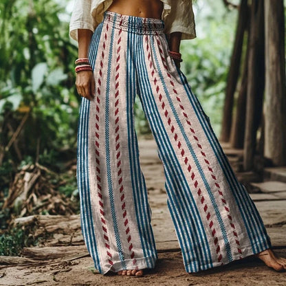 Lunivibe Vintage Bohemian Striped Art Women's Linen Blend Casual Pants