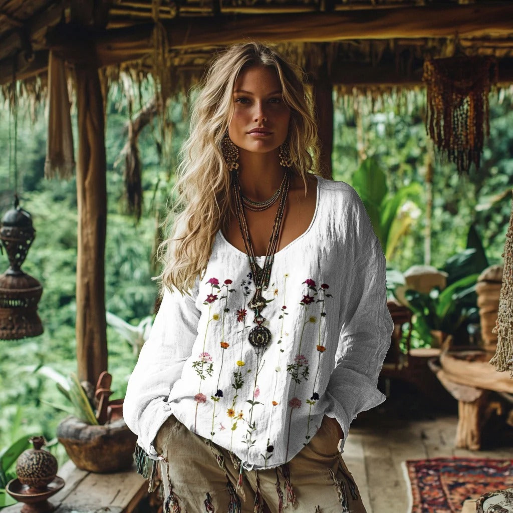 Retro Bohemian Resort Floral Pattern Art Embroidery Print Cotton And Linen Blend Loose Blouse