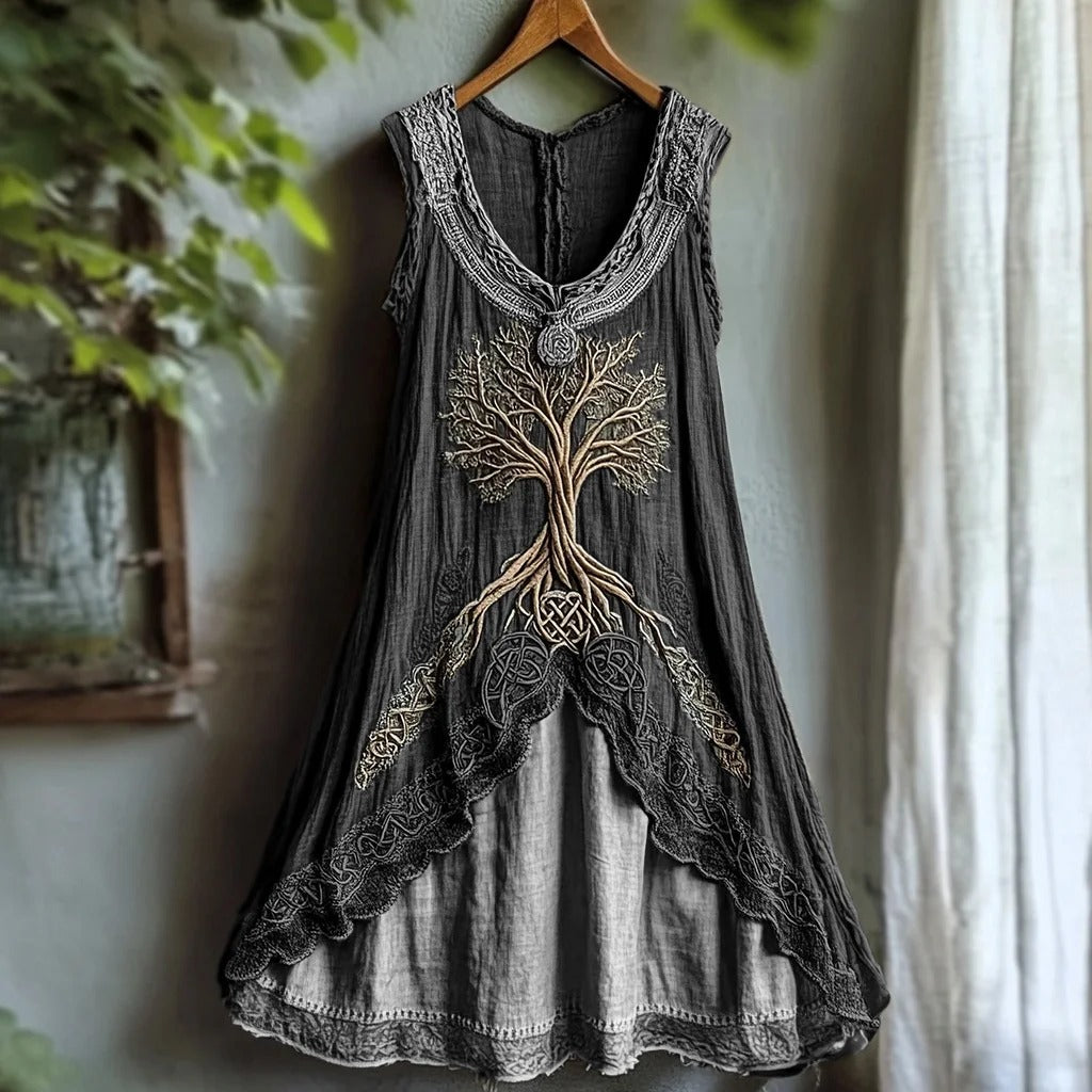 Lunivibe Tribal Viking Life Of Tree Celtic Knot Lace Art Linen Tank Dress