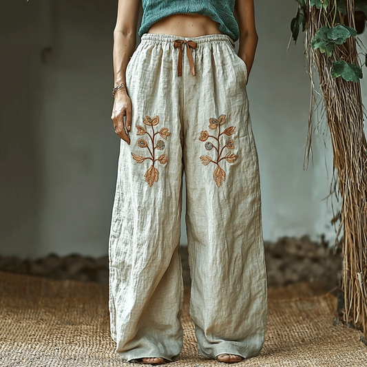 Lunivibe Bohemian Holiday Style Retro Linen Bohemian Leaf Ethnic Totem Print Linen Long Loose Wide-leg Pants