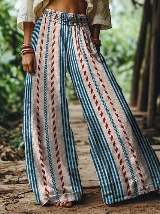Lunivibe Vintage Bohemian Striped Art Women's Linen Blend Casual Pants