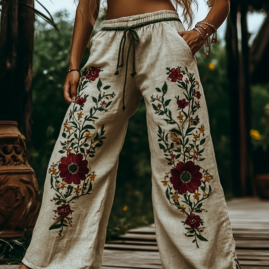 Lunivibe Women's Bohemian Floral Embroidered Casual Pants