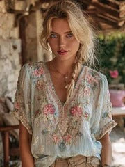 Women's Bohemian Floral Embroidered V-neck T-shirt