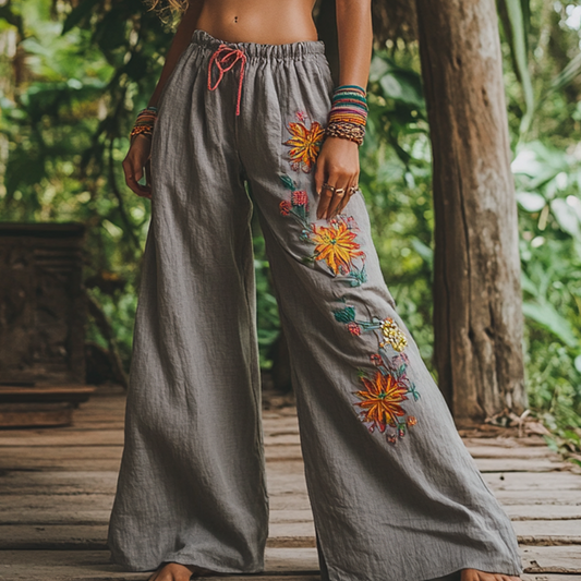 Lunivibe Bohemian Holiday Style Retro Linen Bohemian Leaf Ethnic Totem Print Linen Long Loose Wide-leg Pants