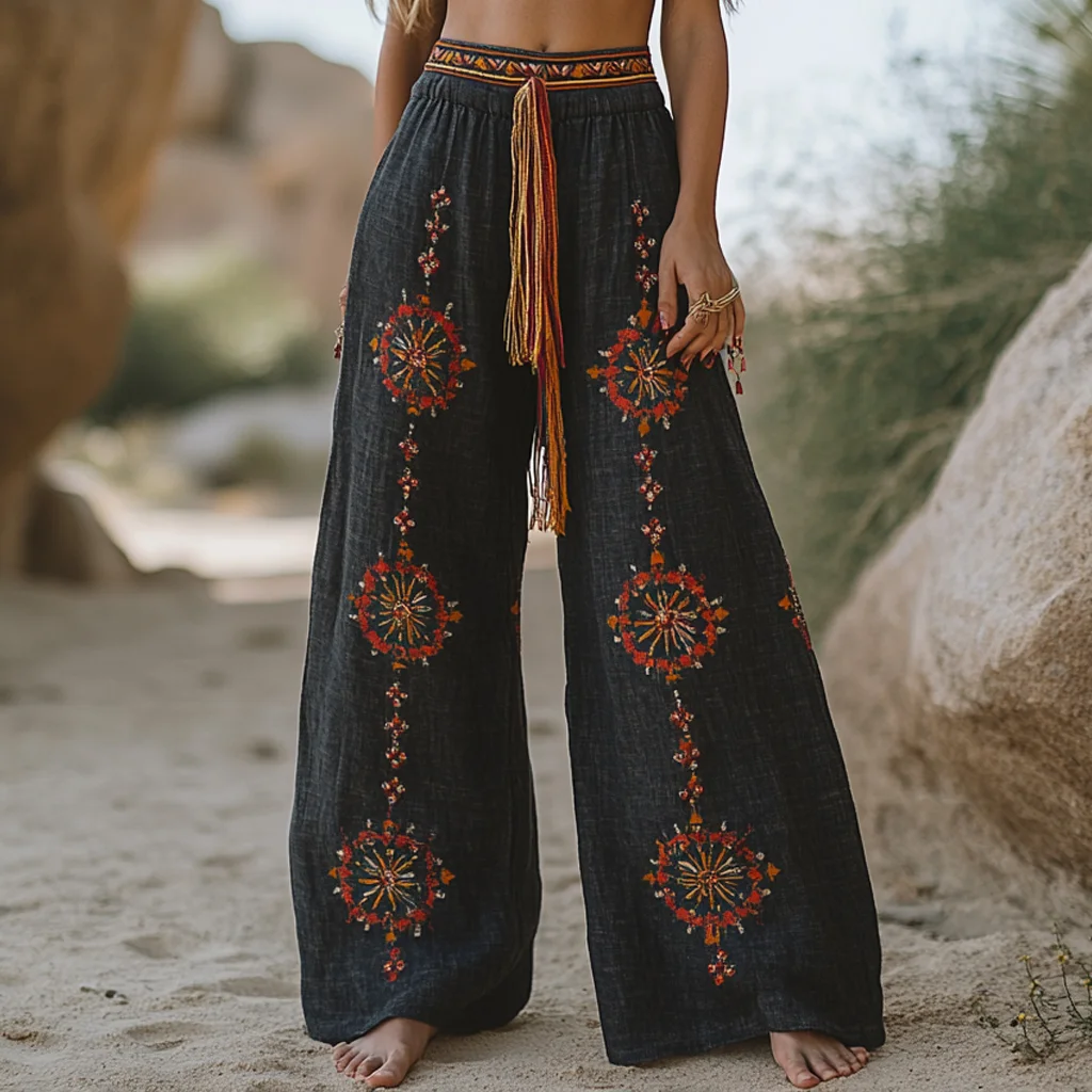 Lunivibe Vintage Bohemian Casual Holiday Style Linen Long Loose Wide-leg Pants