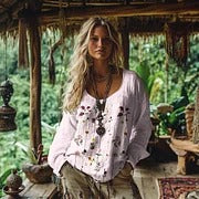 Retro Bohemian Resort Floral Pattern Art Embroidery Print Cotton And Linen Blend Loose Blouse