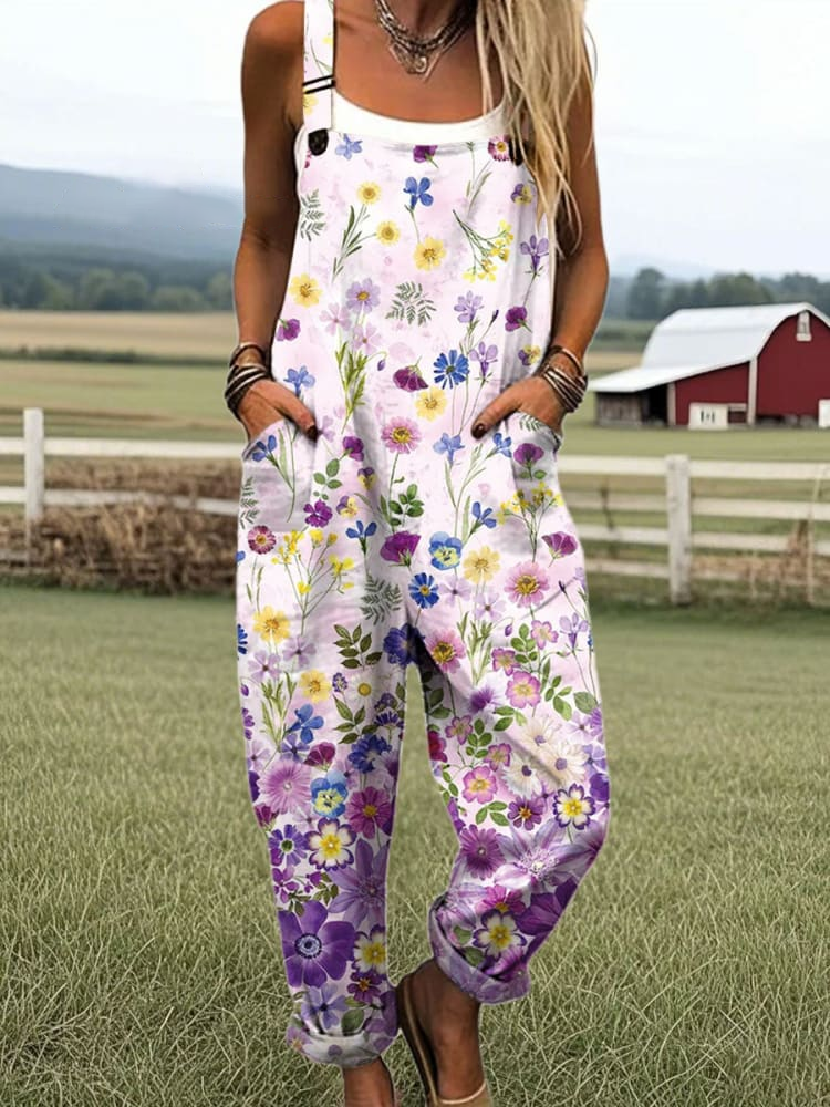 Women's Vintage Floral Pattern Print Casual 100% Cotton Wide Leg Jumpsuit