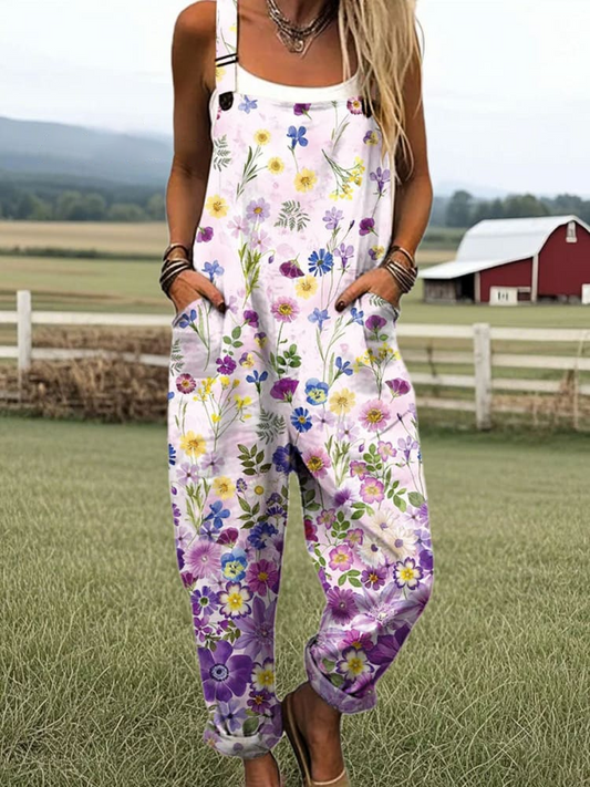 Women's Vintage Floral Pattern Print Casual 100% Cotton Wide Leg Jumpsuit