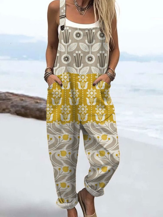 Wome's Retro Geometric Elegant Floral Print Casual Cotton Wide Leg Jumpsuit