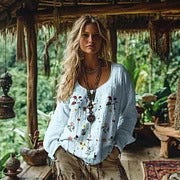 Retro Bohemian Resort Floral Pattern Art Embroidery Print Cotton And Linen Blend Loose Blouse